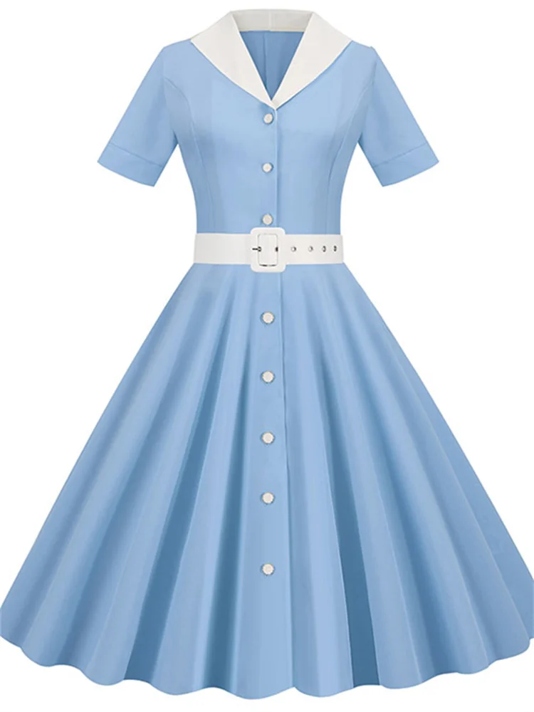 

Elegant Vintage Turn-down Collar Dress Women Blue Summer Short Sleeve Midi Sundress Solid Party A-line High Waist Femme Vestidos