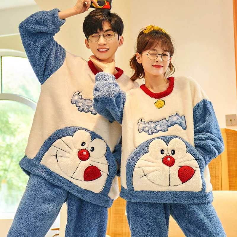 Winter Thicken Couples Pajamas Suit Women Men Cartoon Doraemon Pijamas Sets Sleepwear Soft Warm Korean  Pyjama  Femme Lovers Set
