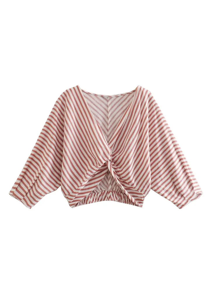 

Женская короткая блузка с бантом, полосатая блузка с длинным рукавом и V-образным вырезом, лето 2022