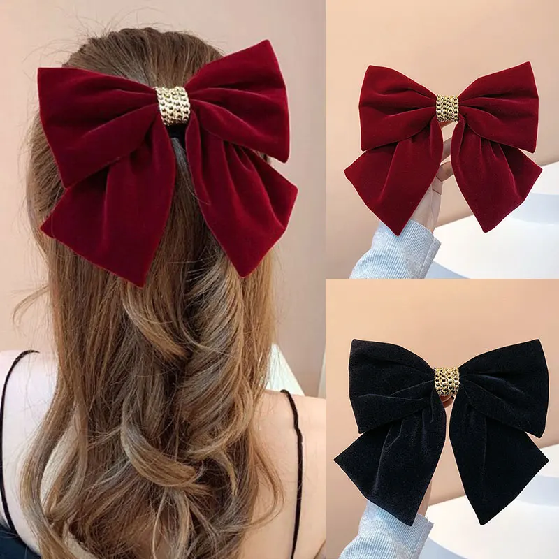 

Spring Clip Ponytail Clip Red Black Top Clip Hair Clip Hair Accessories Velvet Chain Handmade DIY Fashion Big Bow Hairpin