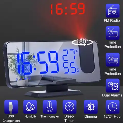 Светодиодный Будильник с цифровой проекцией, электронные часы с проекцией, FM-радио, проектор времени, часы для спальни, прикроватные, беззву...
