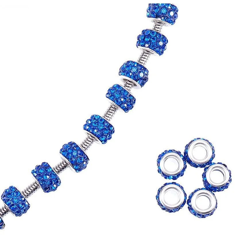 

100pcs Sapphire Color Pave Crystal Clay Beads, Rhinestone Large Hole European Charms Beads fit Bracelet Jewelry Making