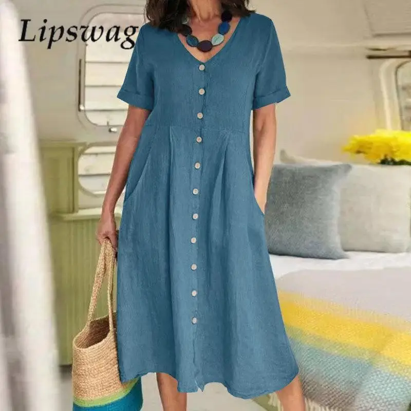 Women Elegant Solid Paty Dress Summer Fashion V-Nck Button Dress Office Lady New Vintage Short Sleeve Loose A-Line Dress Vestido