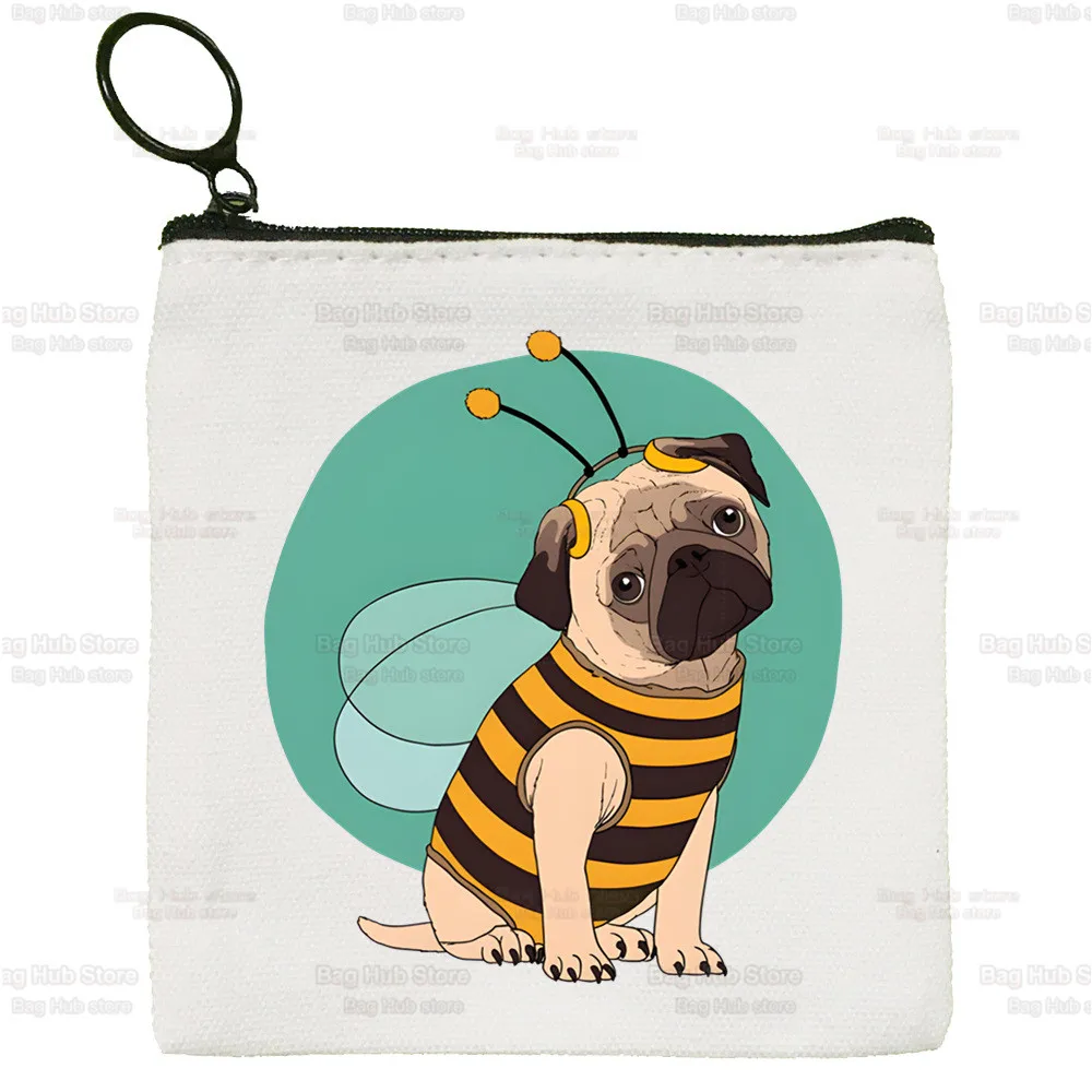 Pug Dog Animal Pet Cartoon Canvas Coin Purse Custom Logo Storage Pouch Canvas Bag  New Coin Bag Key Coin Purse