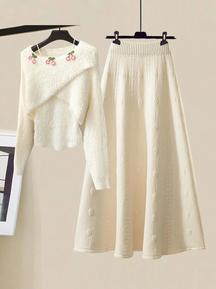 

Женский трикотажный комплект из двух предметов, флисовая кофта с вишней и юбка с высокой талией в Корейском стиле, Осень-зима 2023