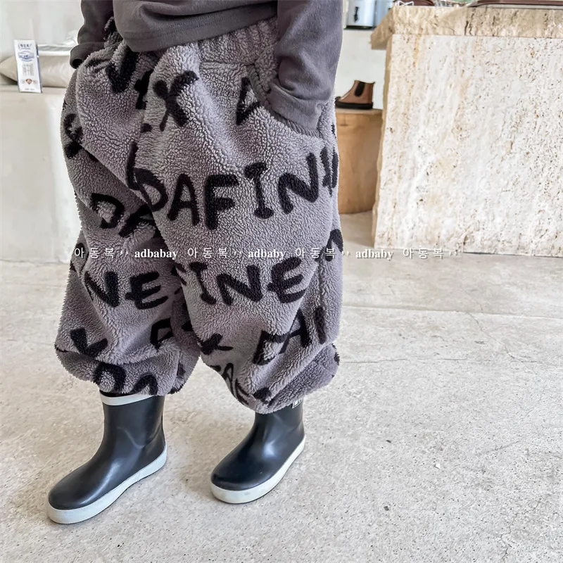 

2023 New Children Lamb Cashmere Trousers Fashion Letter Print Girls Harem Pants Cotton Kids Fleece Casual Pant Baby Warm Clothes