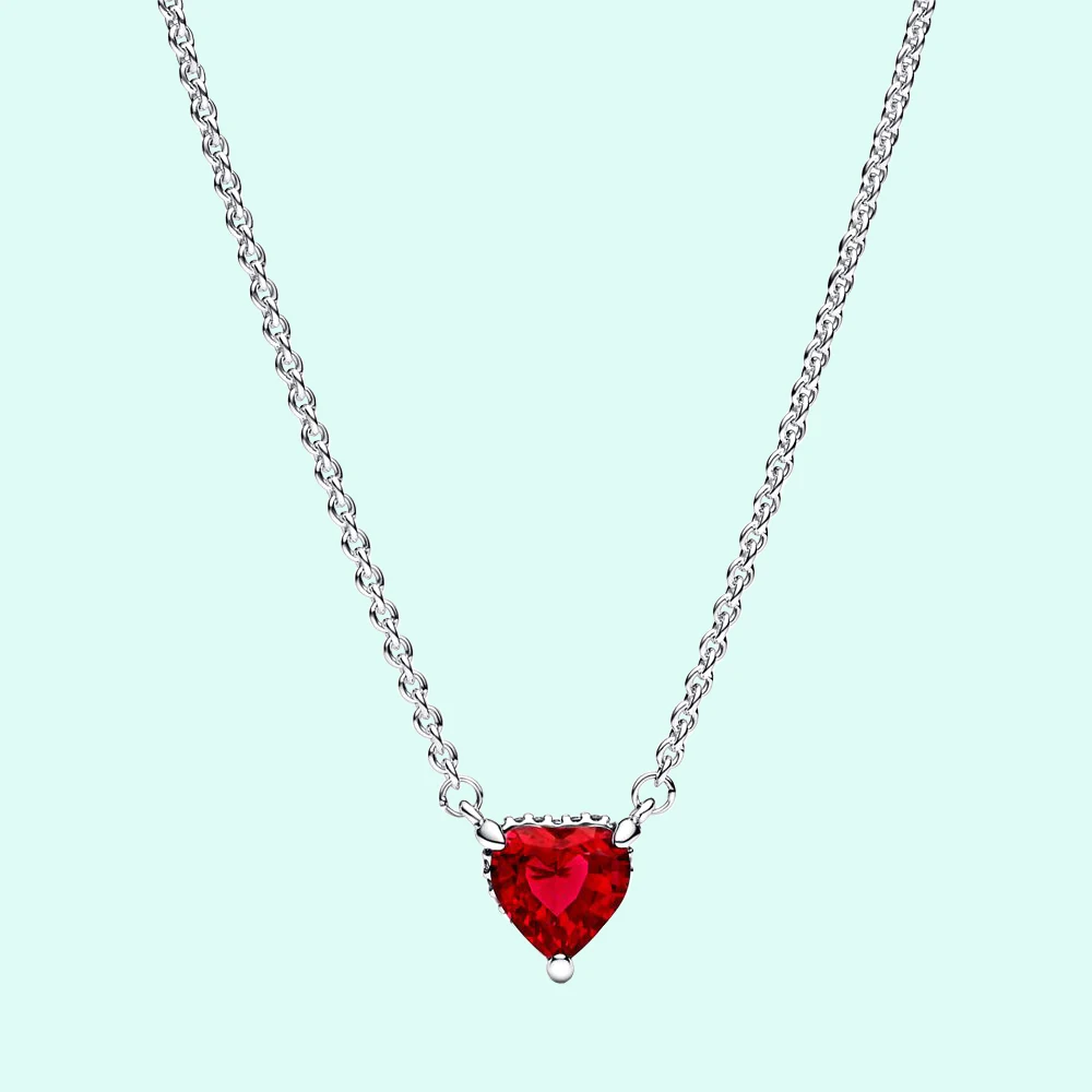 Sparkling Red Heart Shaped Necklace 925 Silver fit for Pandora Banquet Fashion Girls Jewelry Gift
