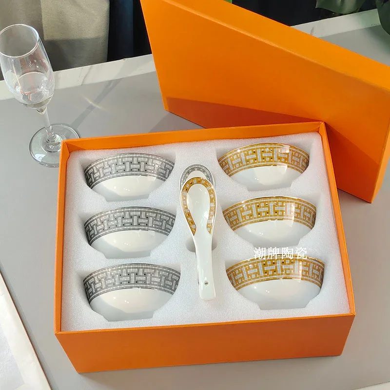6 мисок и ложек европейская Бытовая Керамическая Чаша ложка серии золотистого