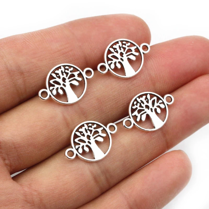 

50pcs 18x12mm Antique Silver Plated Tree Charms Pendant Double Loops DIY Jewelry Making Findings For Necklace Bracelet