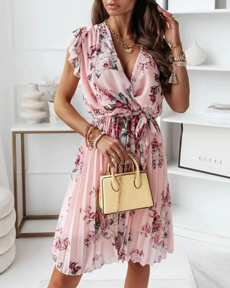 

Women Casual V Neck Floral Print Pleated Belted Short Sleeve Wrap Mini Dress Summer Sexy Fairy Party Women Dress Holiday Dress