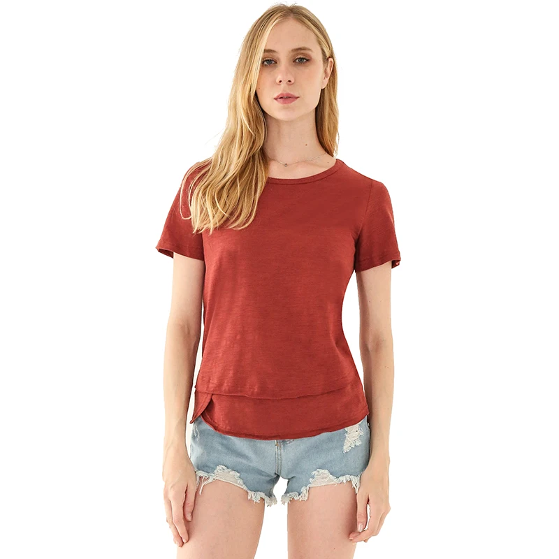 

Women Short Sleeve 100 Cotton T shirt Ruffle Double Hem Woman Tee Shirts M30342