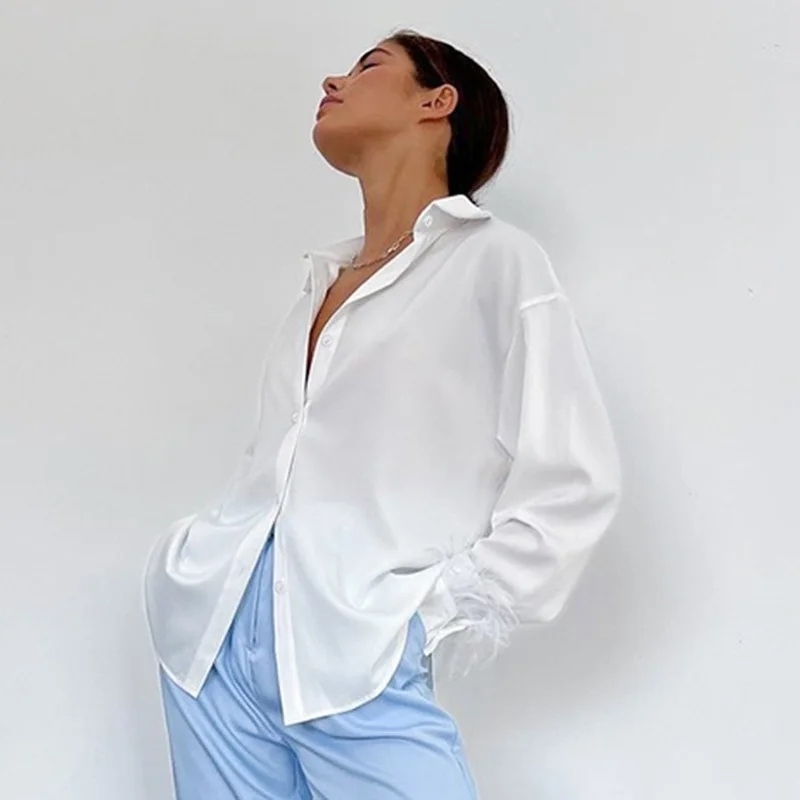 

Feather Cuffs Elegant Women Shirts Loose 2022 Satin Spring Fashion Button Down Blouse Long Sleeves Turndown Collar Tops 21619