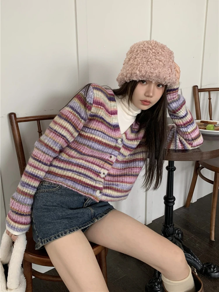 

Korobov Vintage Knitwears Mixed Color Stripe Cardigans Female Pull Femme Autumn Winter Crop Top V-neck Fashion Sweater Women