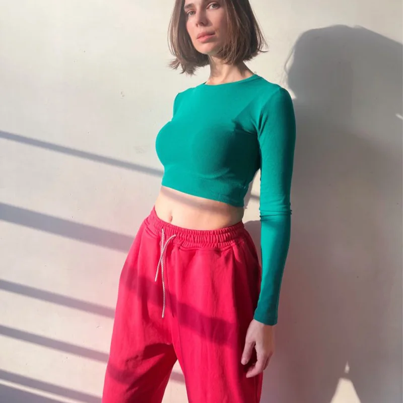 

ITOOLIN Sexy Women's Long Sleeve Top O-Neck Navel tight short Tshirt Basic Women Tees Tops Y2k Ins Cotton Tops Spring 2022