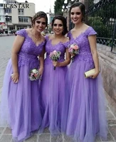 Lavender Purple Bridesmaid Dress Tulle Appliqués Sexy V-Neck Off the Shoulder robe pour mariage invité Floor Length Evening gown