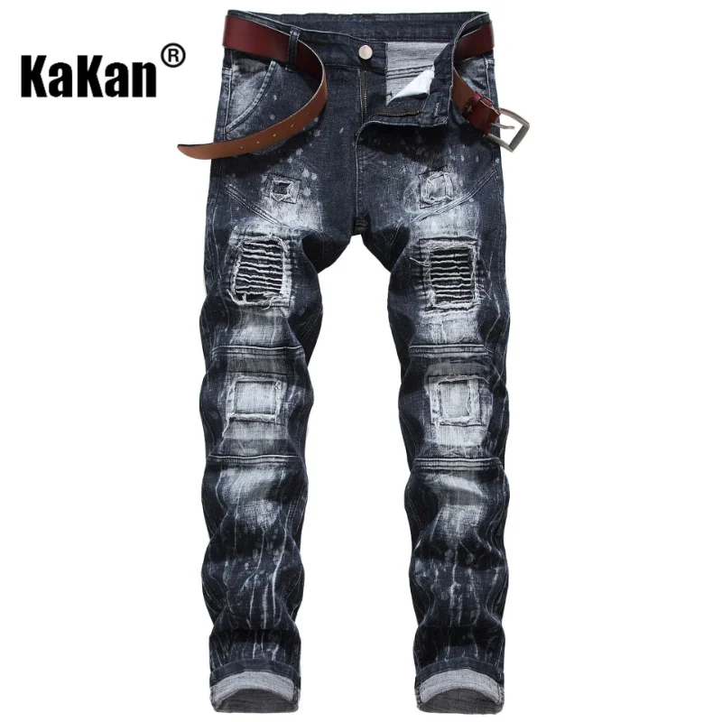 Kakan - European and American High Street Broken Motorcycle Stretch Black Jeans, Youth Popular Spring New Long Jeans K010-6683