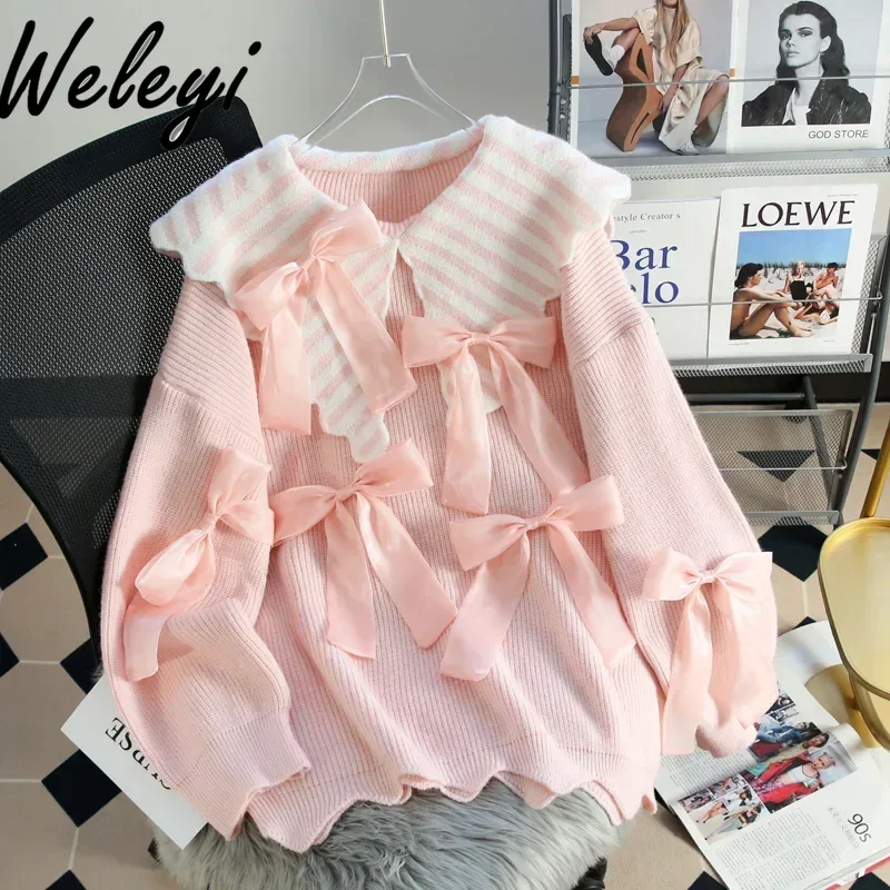 Нежный женский кукольный воротник с бантом розовый свитер теплые топы женские