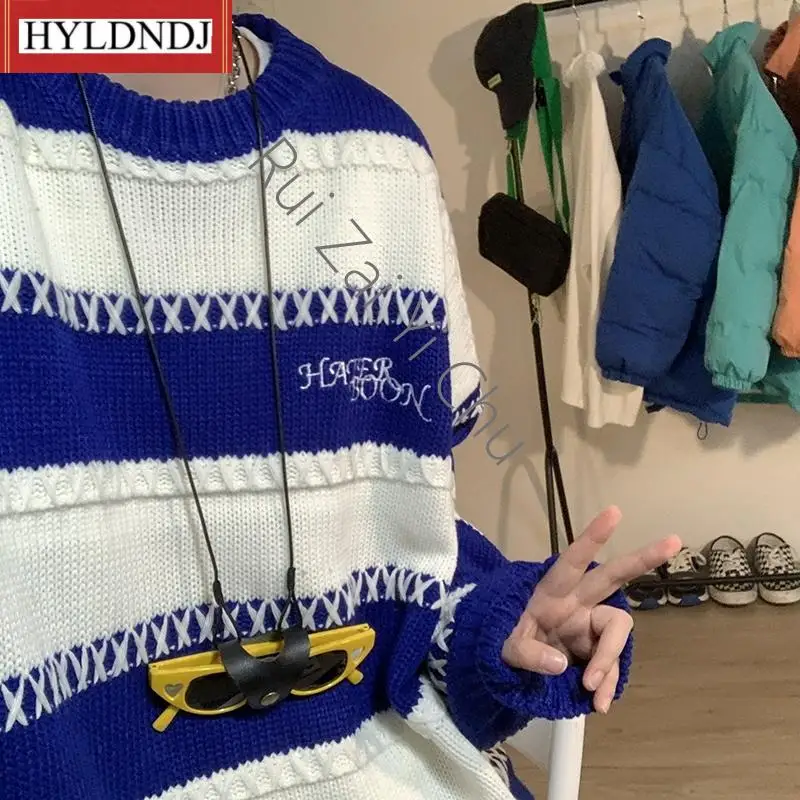 Men Sweaters Coat New Klein Blue Sweater Men's Design Sense Niche Lazy Wind Couple Sweater Autumn Winter Oversize Stripe Top