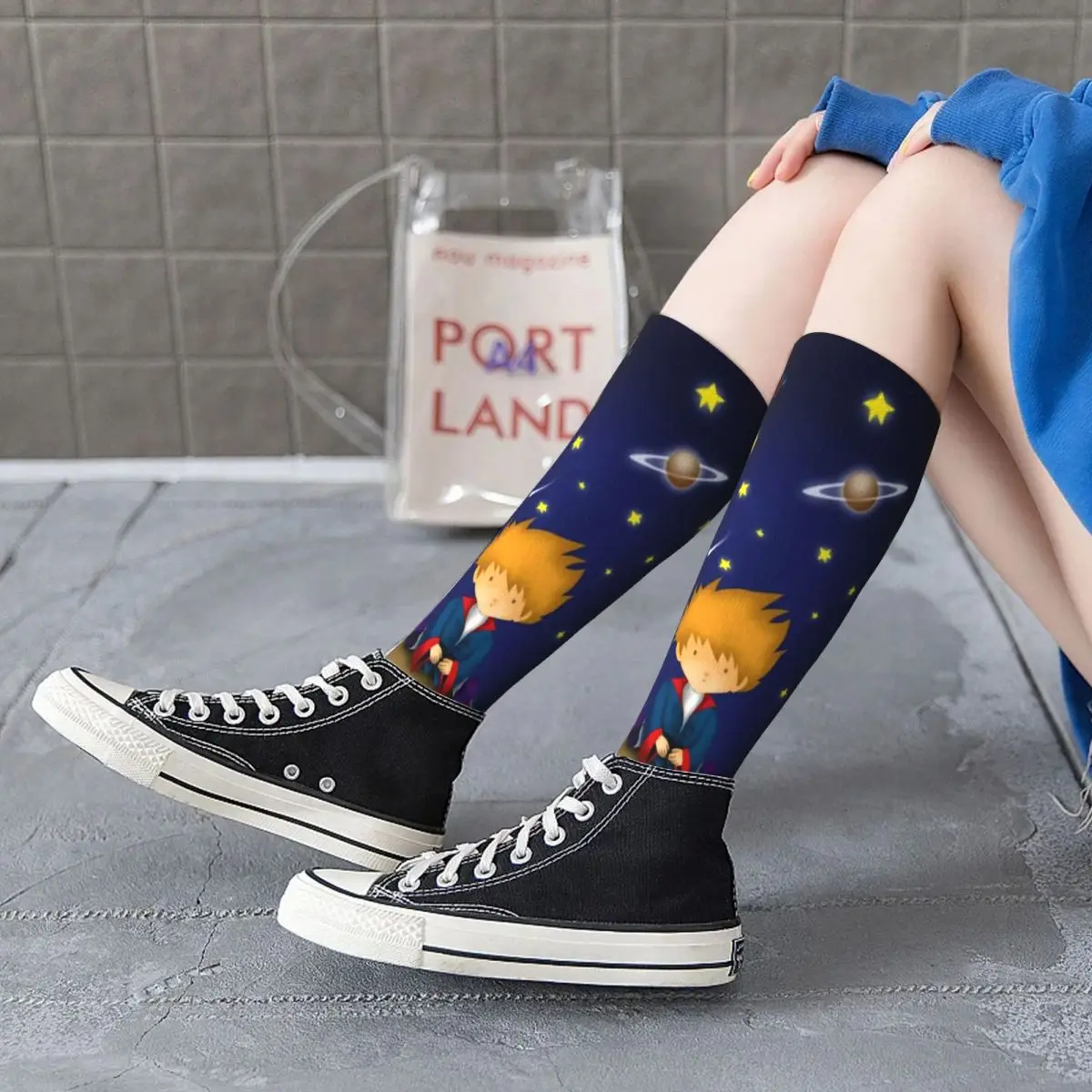 

Little Prince Socks Stars And Moon Print Teen Fancy Mid Stockings Large Chemical Fiber Modern Sports Socks