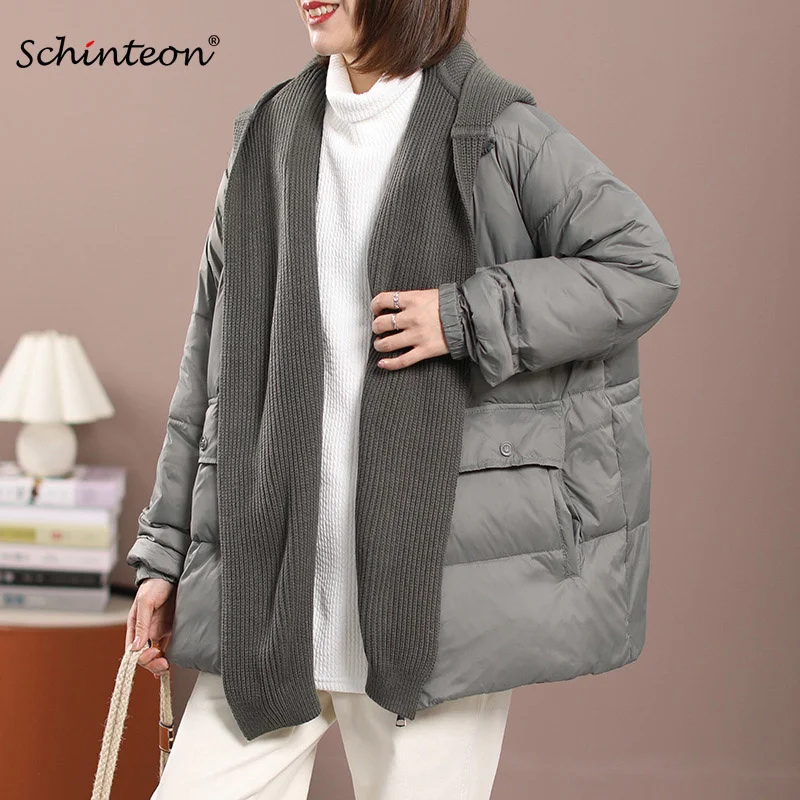 

Schinteon Women 90% White Duck Down Jacket with Removable Knitted Hood and Scarf Winter Warm Outwear Loose Over Size Casual Coat