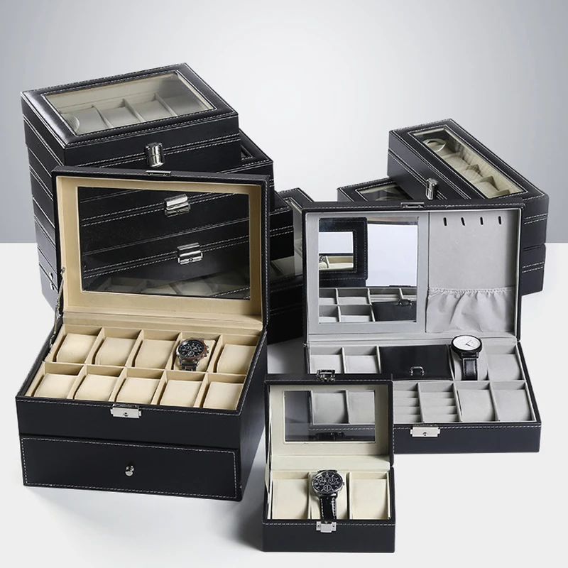 Luxury Pu Watch Box Organizer 20 Slots Watch Boxes Storage Box Leather Black Glasses Jewelry Case Pillows Display Cabinet Gift