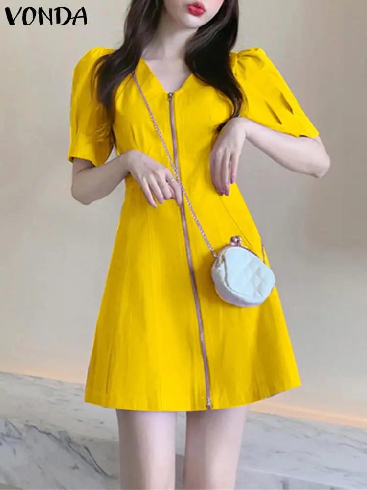 

VONDA Fashion Women's Fashion Zip-up Party Dress 2022 Summer Pleated Casual Short Puff Sleeve Elegant Solid Color Mini Dresses