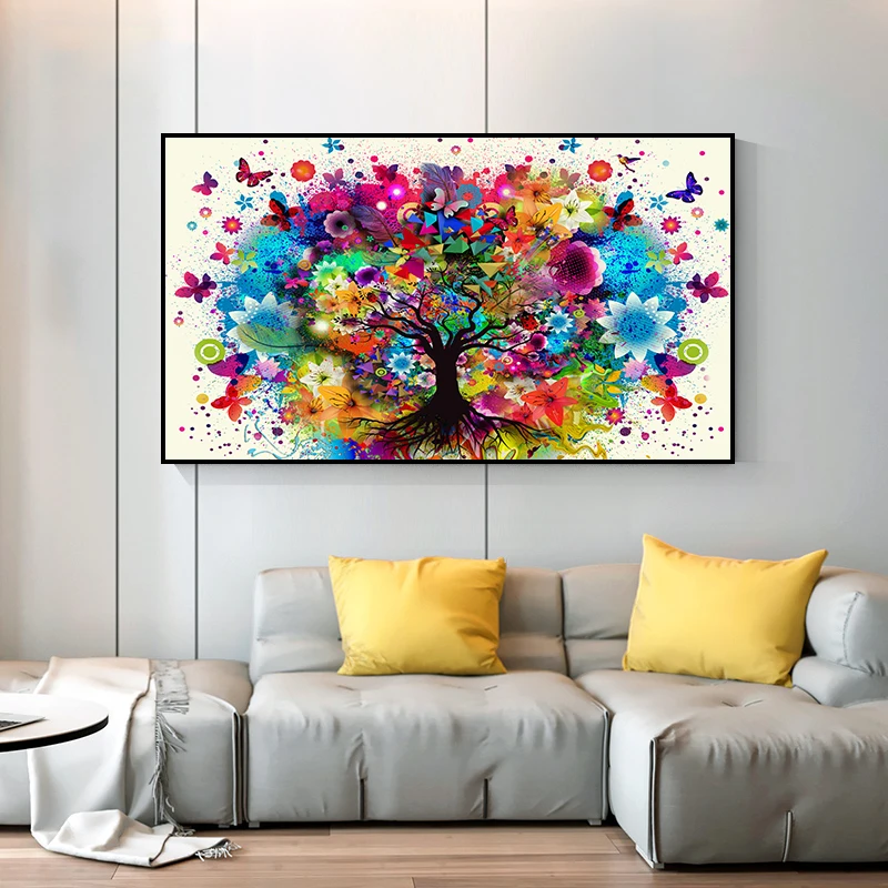 

Abstract modern colorful tree of life butterfly oil painting print on canvas nordic poster wall art picture for living room home