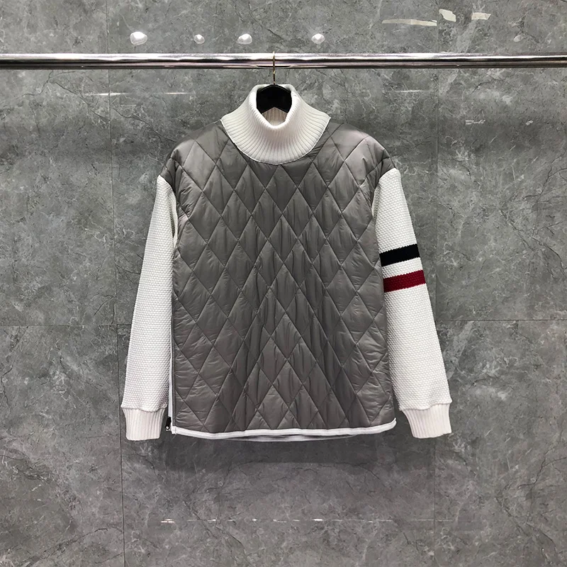 TB THOM Men's Jacket Winter Brand Classic RWB Stripe Diamond Lattice Turtleneck Cotton-Padded Pullovers Luxury Harajuku Jackets