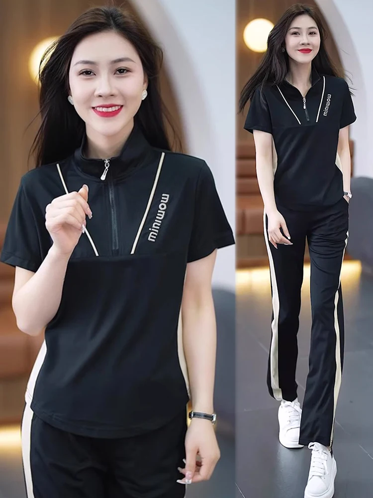 

A GIRLS Summer Outfits For Women Conjuntos De Pantalones 2023 Oversized Stand Collar Short Sleeved T Shirts+Wide-Leg Pants Two P