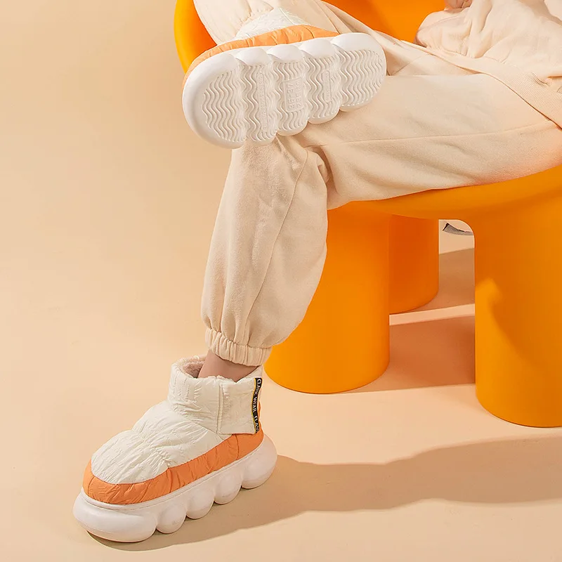 Outdoor Winter Women High Cotton Slippers Soft Hairy Warm Non-Slip Plush Home Thick Flat Boot House Platform Slip On Ladies Shoe