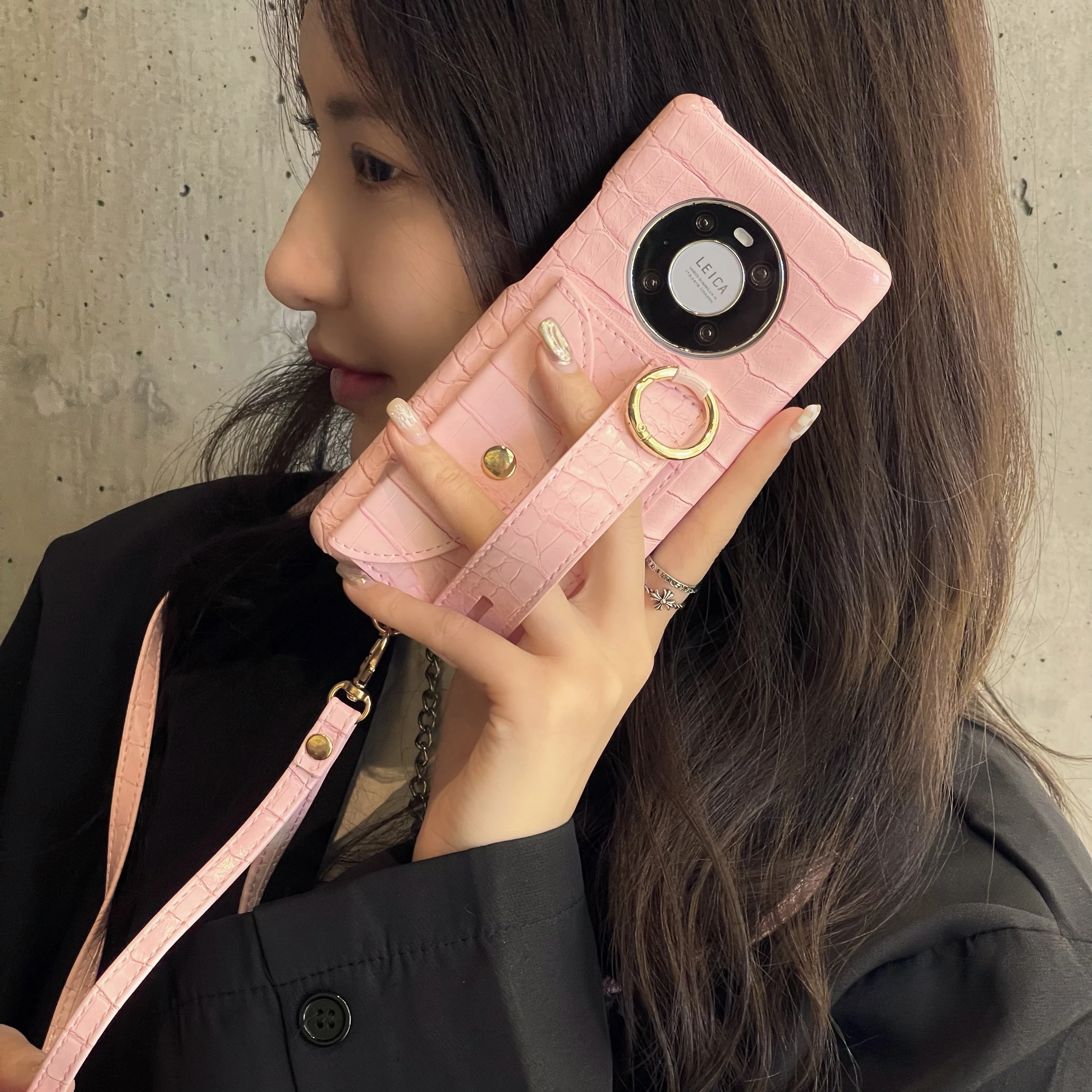 Card Holder Lanyard Leather Case For Huawei Mate40 30 Pro P40Pro Luxury Crocodile Pattern Cover With Crossbody Rope Bag Stand