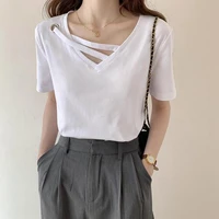 cotton short sleeve korean japan white t shirt womens summer v neck hollow out office lady all match basic tees black tops