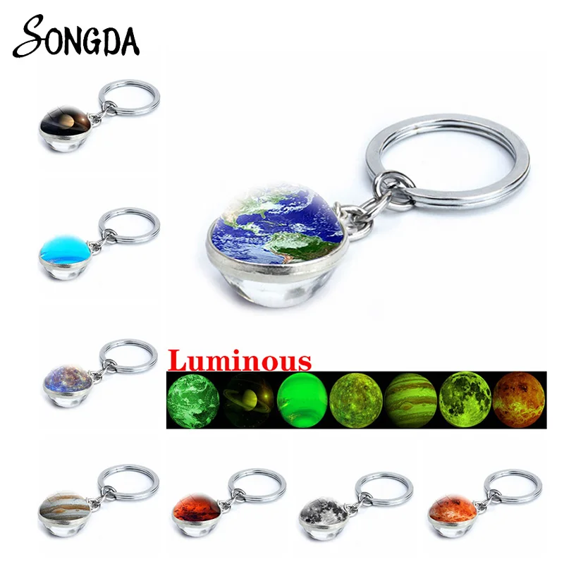 

Glow In The Dark Solar System Planet Keychains Holder Galaxy Nebula Luminous Keyrings Double Sided Glass Ball Key Rings Jewelry