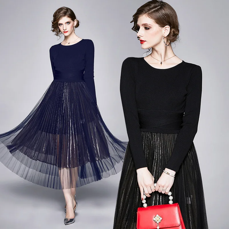 

Модный простой Женский трикотажный топ 2021, плиссированная юбка средней длины с широкой юбкой, ТРАПЕЦИЕВИДНОЕ платье для выпускного вечера, ...
