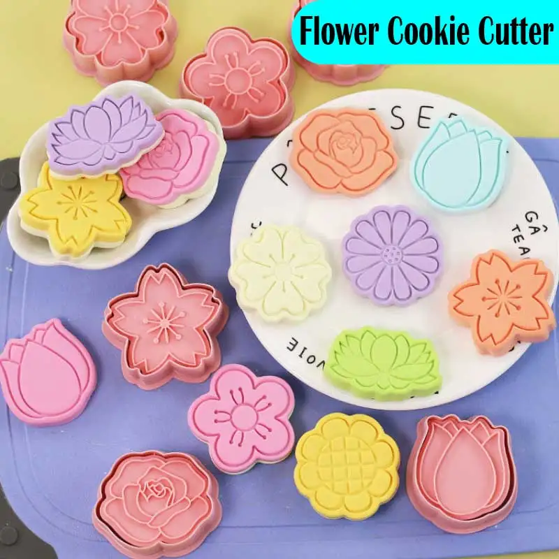 

8 Pcs/set Cookie Cutters Flower Shape Floral Rose Plastic Biscuit Mold Cookie Stamps Pressable Fondant Cake Kitchen Baking Mould