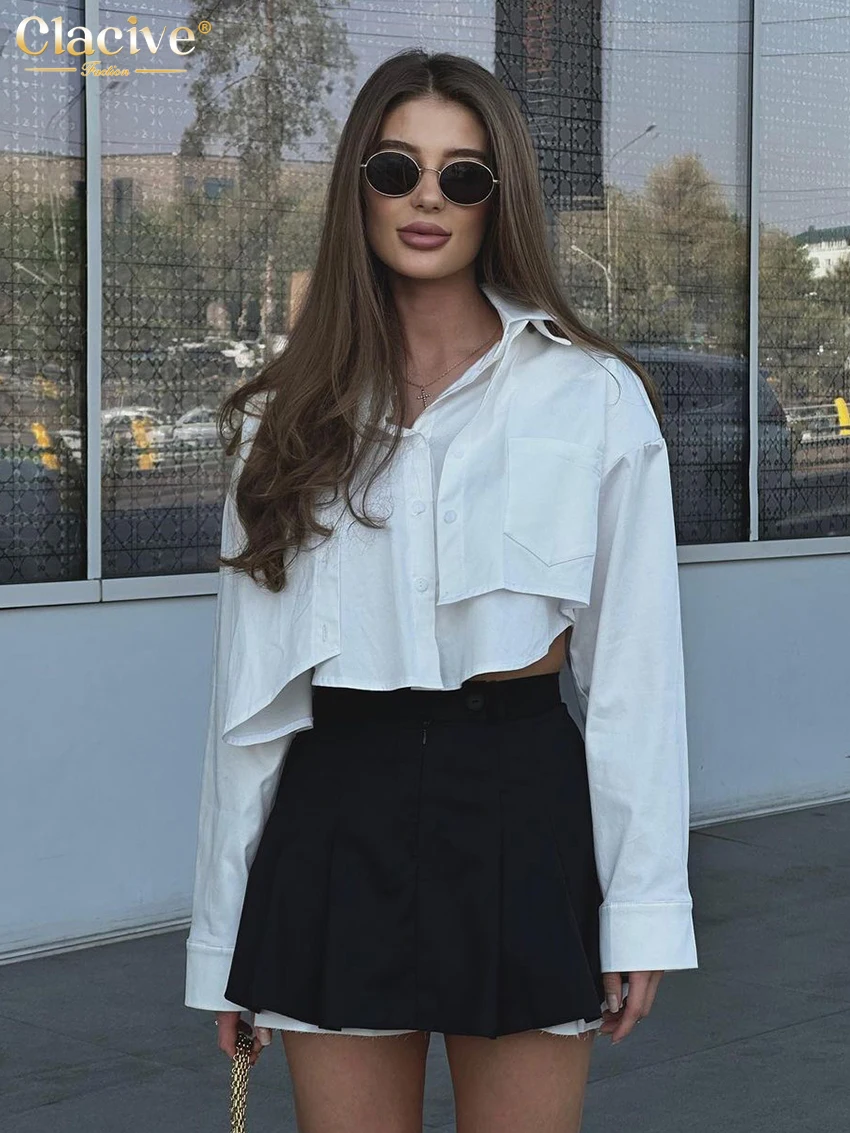 

Clacive Fashion Loose White Women'S Shirt Elegant Lapel Long Sleeve Blouses Casual Classic Blusa Crop Top Female Clothing 2024