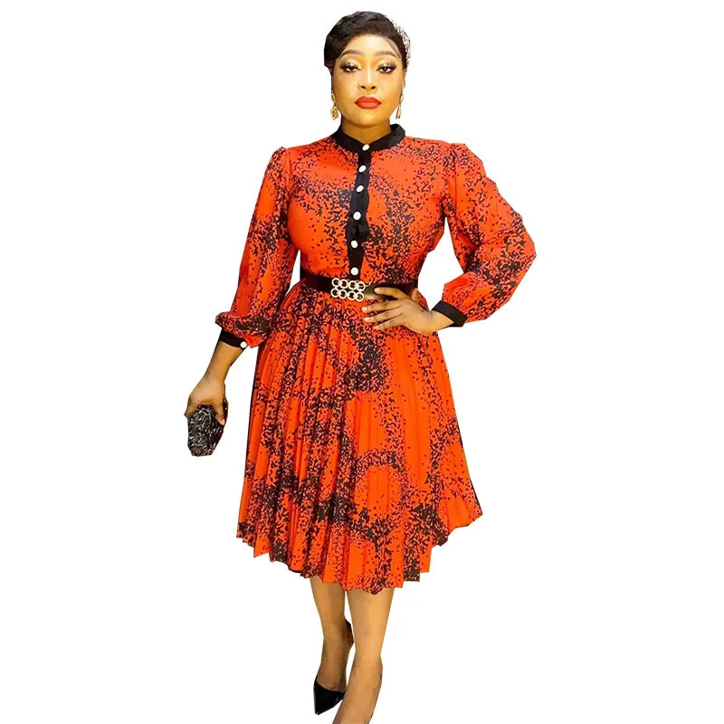 Plus Size Women Clothing 2023 New Ruffled Printed Waist A Line Skirt Loose Fitting Women's Dress  Long Sleeves Lady Dress