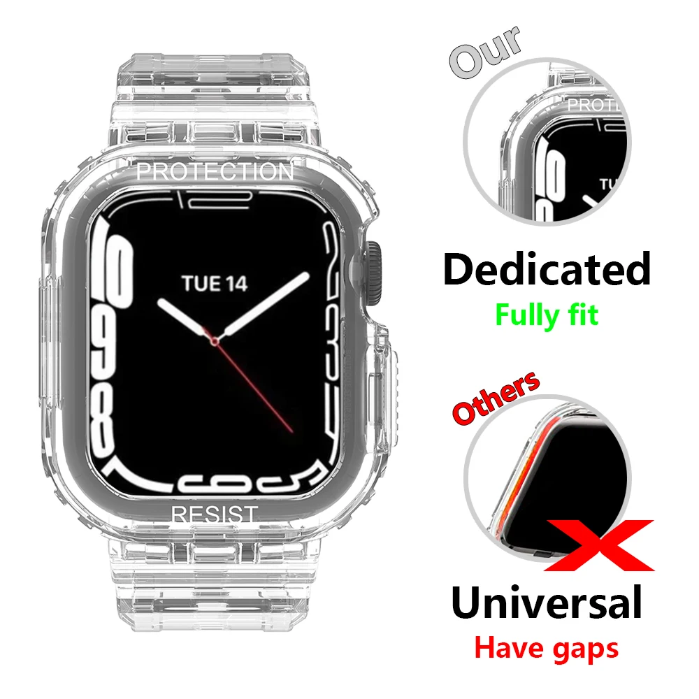 Transparent Glacier Strap+Case for Apple Watch 7 Band Series 41MM 45MM Silicone Bracelets for IWatch 7 Clear Sports Watchband