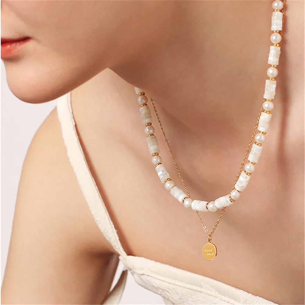 

Natural Stone Shell Pearls Beads Women Necklace Brass Gold Plated Ins Vintage Collarbone Chain Trendy Jewelry Gifts New Arrivals