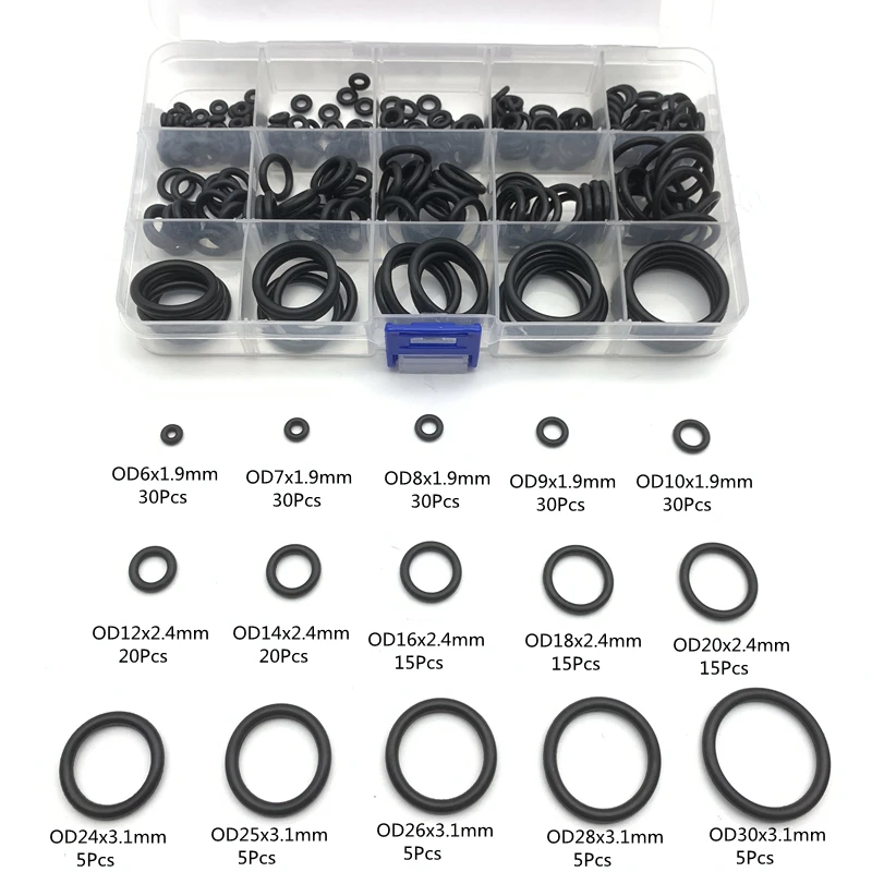 

260 Pcs/Lot Black Rubber O Ring Assortment Washer Gasket Sealing O-Ring Kit 15 Sizes with Plastic Box Rubber Plug Silicon Ring