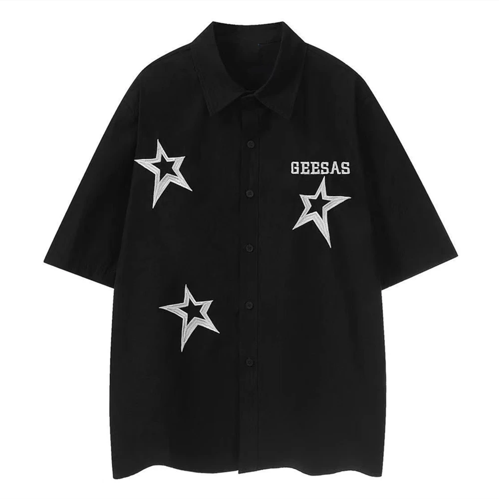 

Punk Gothic Cartoon Star Print Button Up Shirts Mens Oversized Blouses Hip Hop Streetwear Short Sleeve Tops Harajuku Summer 2023