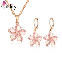 cinily created pink fire opal rose gold plated flowers jewelry pendant earrings jewelry sets cubic zirconia for women wedding
