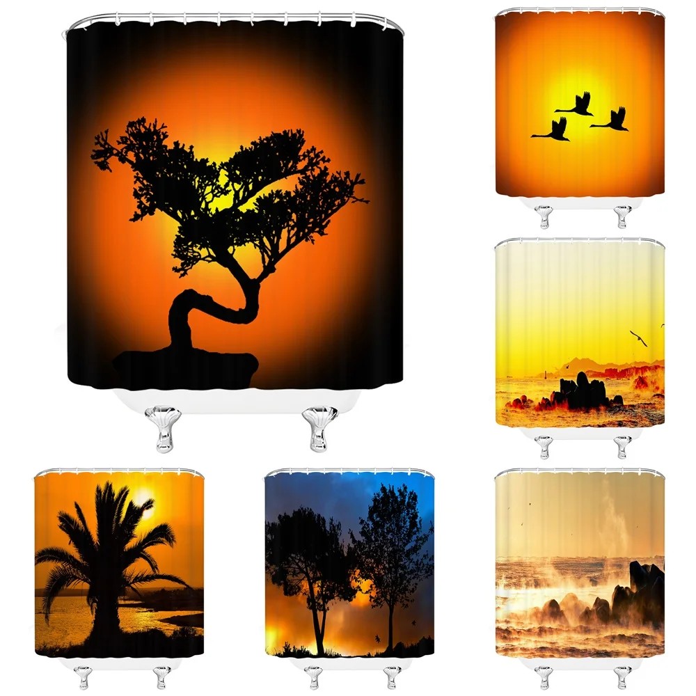 

Natural Scenery Trees Shower Curtain Orange Sky Sunset Forest Sea Birds Landscape Bathroom Decor Waterproof Fabric Bath Curtains