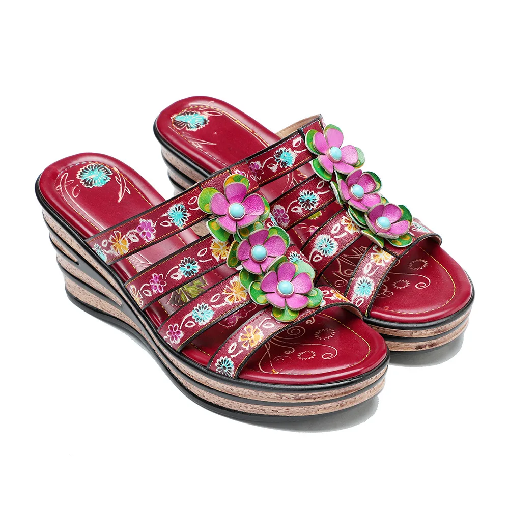 

YourSeason Genuine Leather Hand Painted Ladies Wedges Slides Vintage Flower Outside Shoes Women Platform Slippers 2023 Summer
