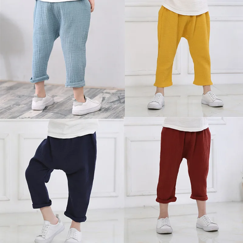 

Summer Children's Anti-Mosquito Pants Boys Girls Cotton and Hemp Trousers Kids Wrinkled Trousers Baby Nine-Point Haren Trousers