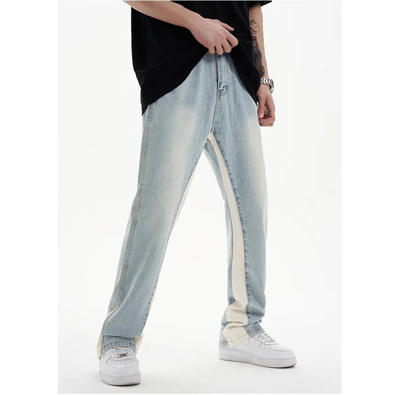 Streetwear Men 2022 Fashion New Pattern Vintage Splicing Recreational Blue Jeans Loose Straight Cylinder Trousers Autumn Female