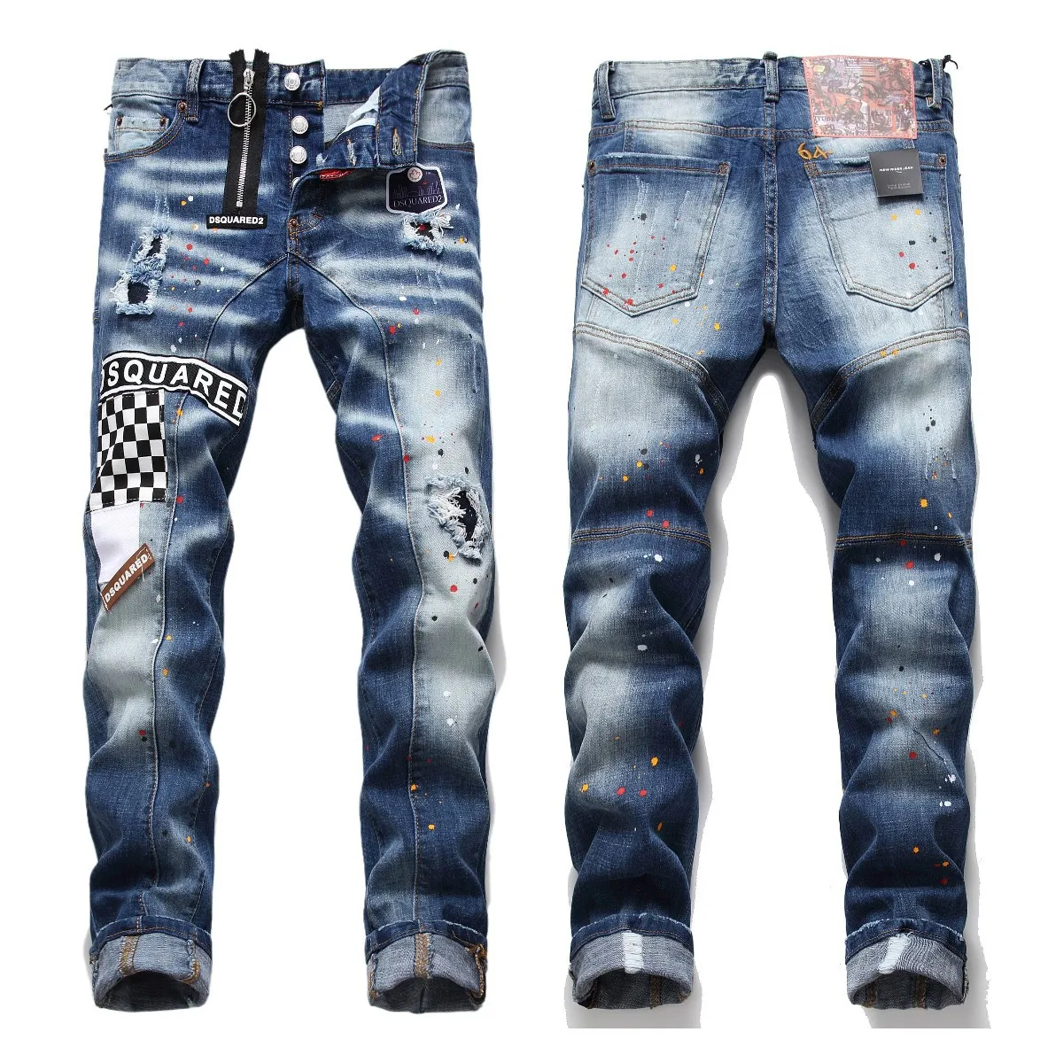 

Men Skinny Ripped Denim Jeans Luxury Brand Dsq2 Stretch Fit Long Jeans Quality Male New Fashion Man Slim Blue Denim Jeans 42