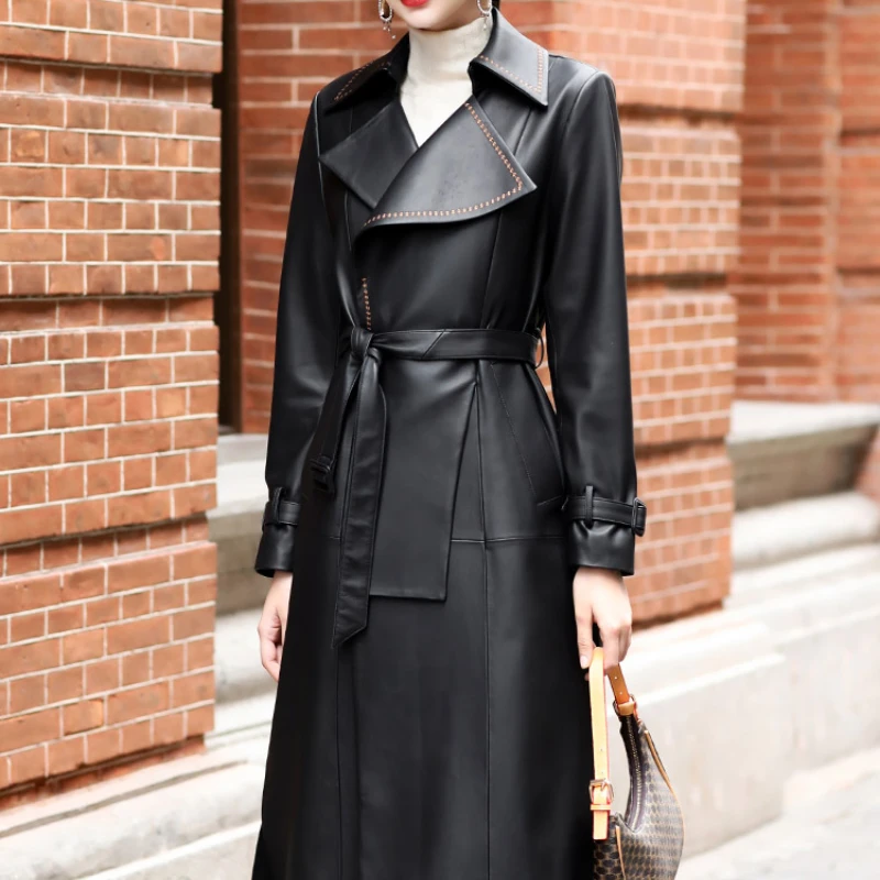 

2023 Sheepskin Genuine Leather Jacket Spring Belted Coat Women Clothes Silm Long Jackets Black Female Trenchcoat Casacos Feminos