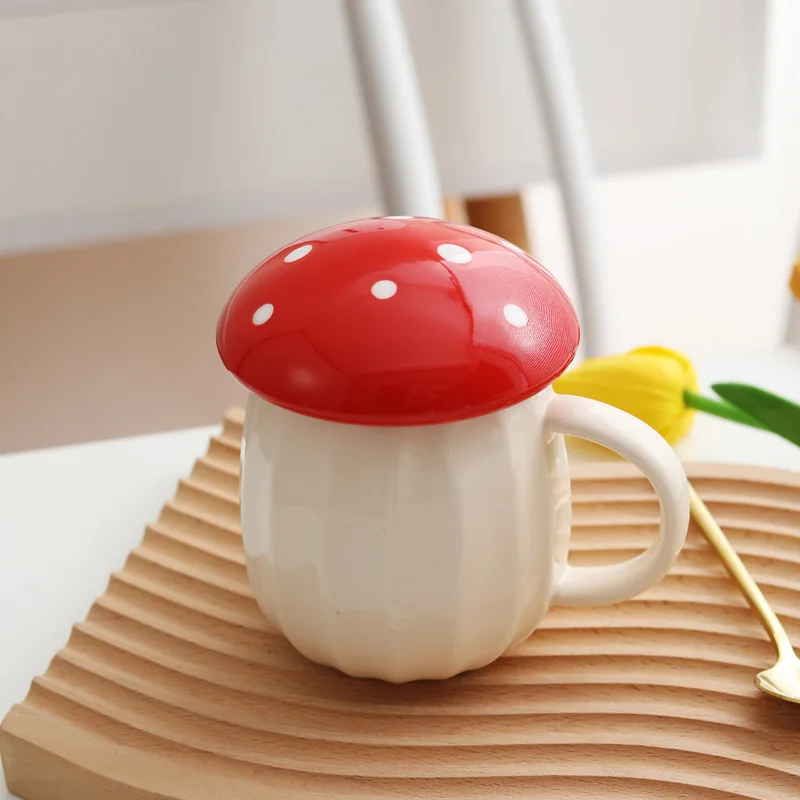 

Mushroom Cup tiktok explosion creative mushroom cup mug with lid coffee cup drinking ceramic cup cute Grey And Red Two Colors