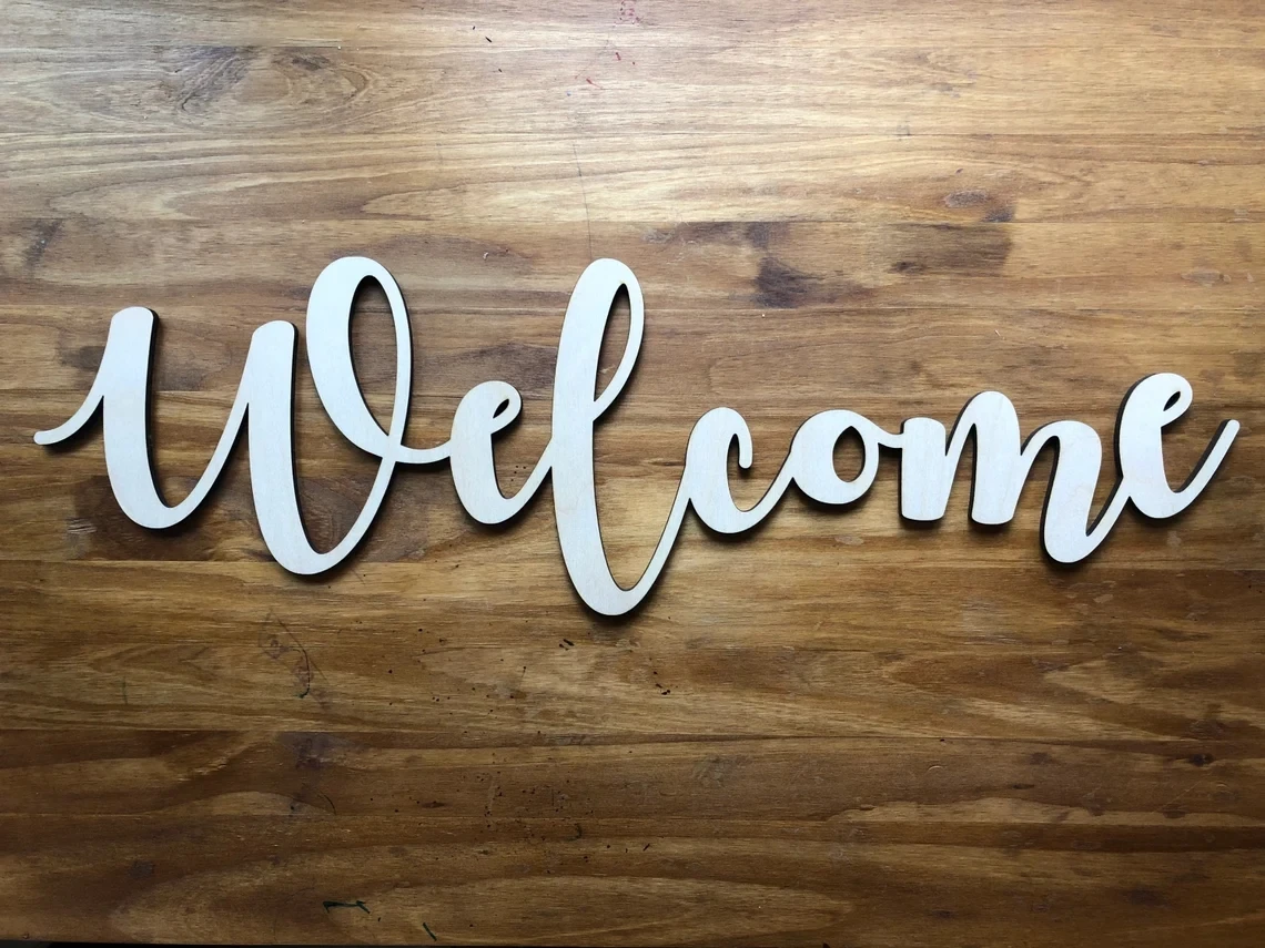 

welcome wood word cut out,3D Wood Sign,welcome Laser Cut letters,Feature Wall Art Cursive Words,Wood word cut out,Laser Cut text